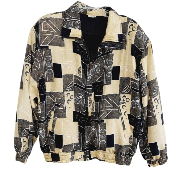 Vintage Fuda International Woman's Large Silk Bomber Jacket Geometric Black 90s - Picture 3 of 13